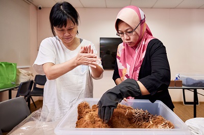 Residents and community gardeners learning to set up a worm bin